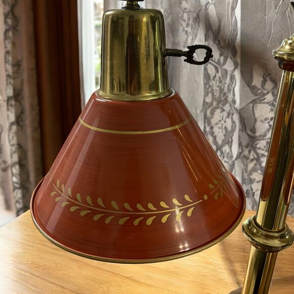 Vintage Mid Century Desk Lamp Double Tole Burnt Orange Gold Shade Brass 21" - Picture 2 of 4
